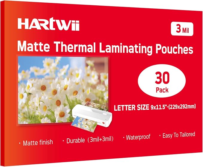 Matte Laminating Sheets 9 x 11.5 Inches, 3 Mil Thick, 30 Pack by HARTWII