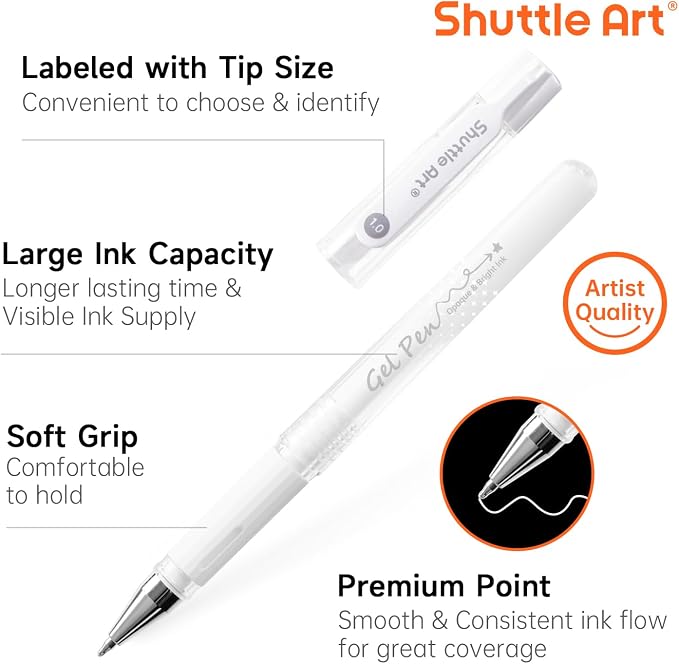Shuttle Art White Gel Pens, 6 Pack 0.7mm, 1.0mm Gel Ink Pens Fine Point - Image 3