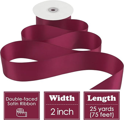 HUIHUANG Wine Red Ribbon 2 inch Wide Double Face Satin Ribbon Maroon Fabric - Image 2