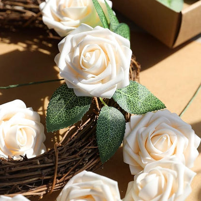 AmyHomie Artificial Flower Champagne Rose 25pcs Real Looking Fake Roses w/Stem - Image 2