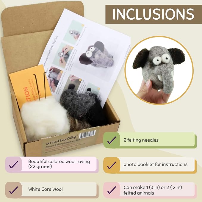 Woolbuddy Needle Felting Kit for Beginners & Adults – Elephant DIY Felt Animal - Image 2