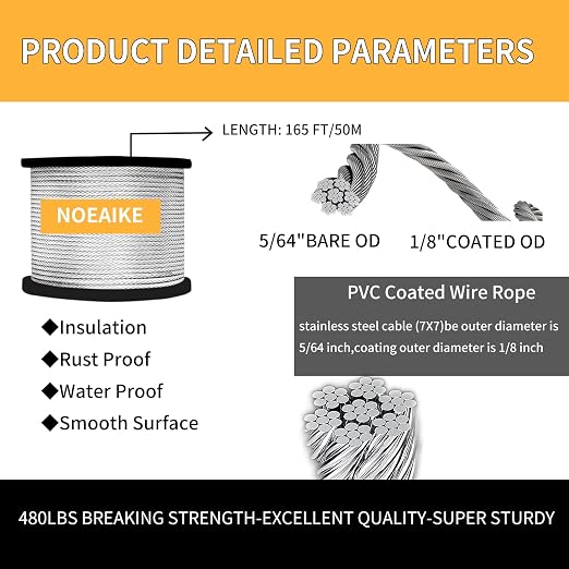 Wire Rope Kit, 165FT 1/8" Vinyl Coated Stainless Steel Wire, Turnbuckles - Image 3