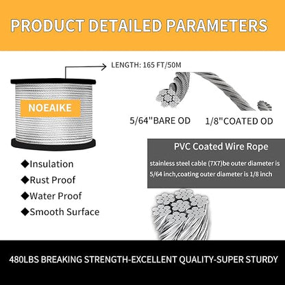 Wire Rope Kit, 165FT 1/8" Vinyl Coated Stainless Steel Wire, Turnbuckles - Image 3