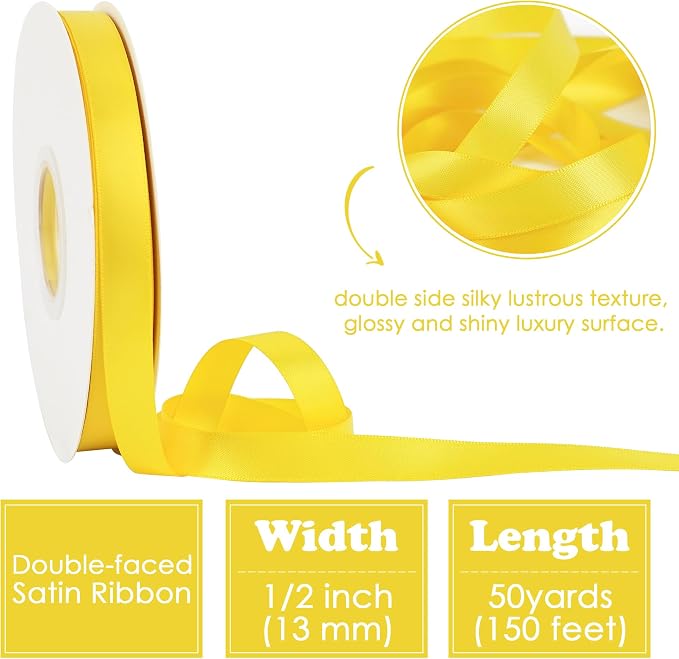 HUIHUANG Yellow Ribbon 1/2 inch Continuous 50 Yards Double-Faced Satin Ribbon - Image 2
