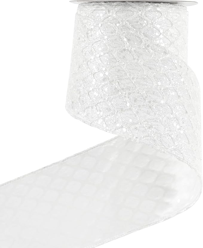 HUIHUANG White Glitter Wired Ribbon, 4 Inch x 30 Ft, Geometric Pattern by HUIHUANG