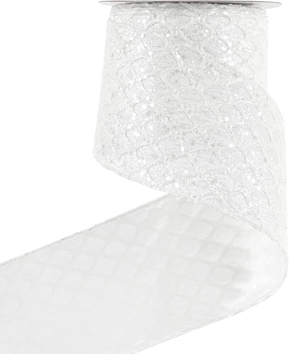 HUIHUANG White Glitter Wired Ribbon, 4 Inch x 30 Ft, Geometric Pattern by HUIHUANG