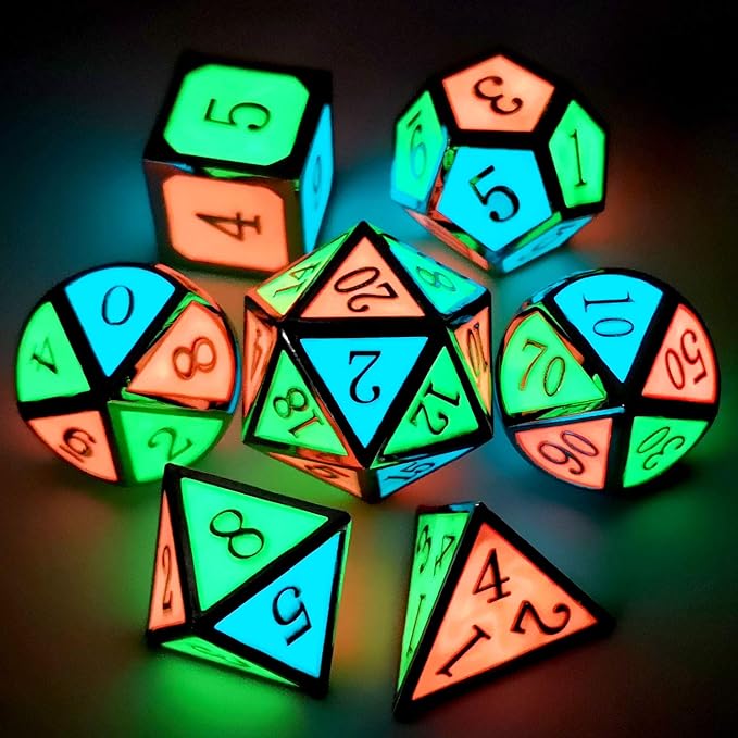 Haxtec Glow in The Dark Glowing Blue Red Green Silver Metal Dice Set D&D 7PCS - Image 3