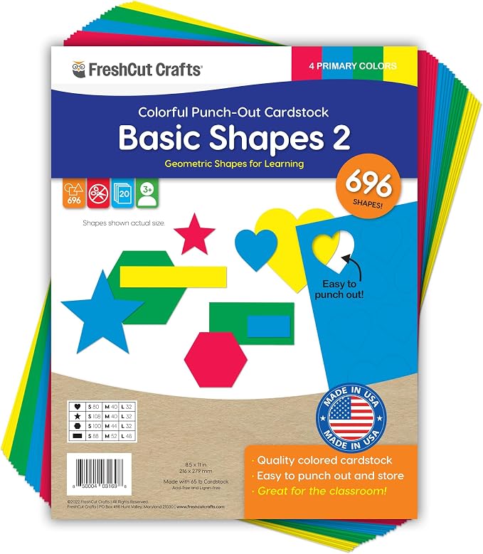 Basic Shapes 2: Hearts, Rectangles, 696 Pieces US Made Card Stock Punch Out by FreshCutCrafts