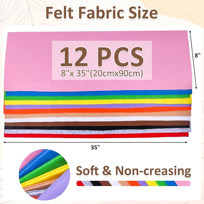 XSEINO 12 Rolls 8"x35" 1.4mm Thick Soft Felt Fabric Sheet 12 Assorted Colors - Image 3