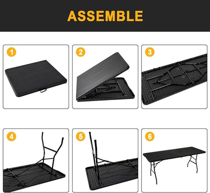 70.8" W X 29" D X 29" H - 6 ft Folding Table Black Wood Grain Portable Heavy - Image 7