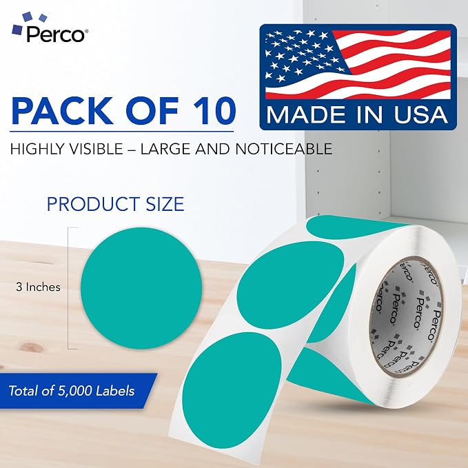 Perco Teal 3-Inch Perforated Circle Dot Sticker Labels — 10 Rolls, 000 Round - Image 2
