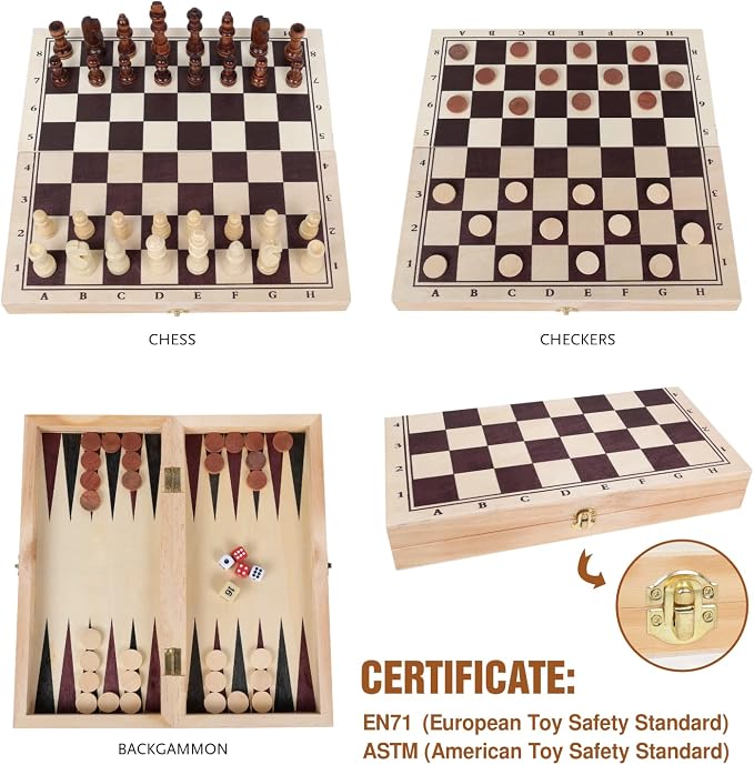 GOTHINK Wooden Chess, and Backgammon 3 in 1 Board Game Set, Classic Traditional - Image 4