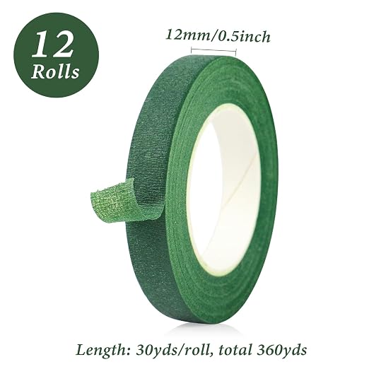 BOMEI PACK Dark Green Floral Tape 12 Rolls 1/2 inch x 30yds - Image 3