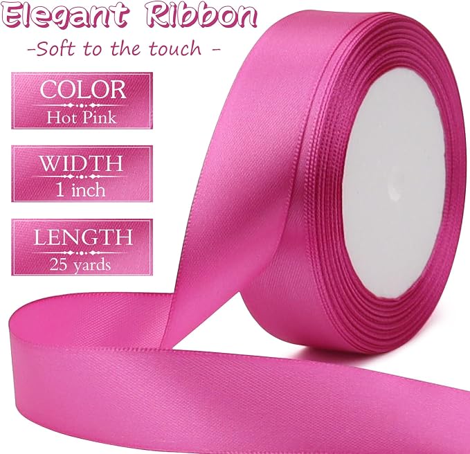 Hot Pink Solid Satin Ribbon 1 Inch 25 Yards Solid Polyester Fabric Ribbon - Image 2
