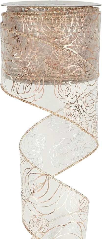 MEEDEE Floral Rose Wired 2.5 Inch Rose Gold Organza Sheer Ribbon, Wedding by MEEDEE