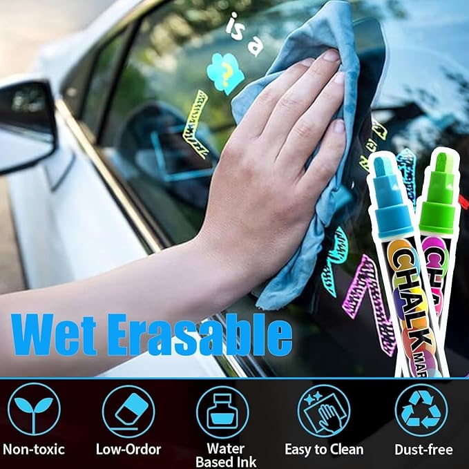 Window Chalk Markers for Cars Glass Washable, 8 Colors Jumbo Liquid Chalk - Image 3