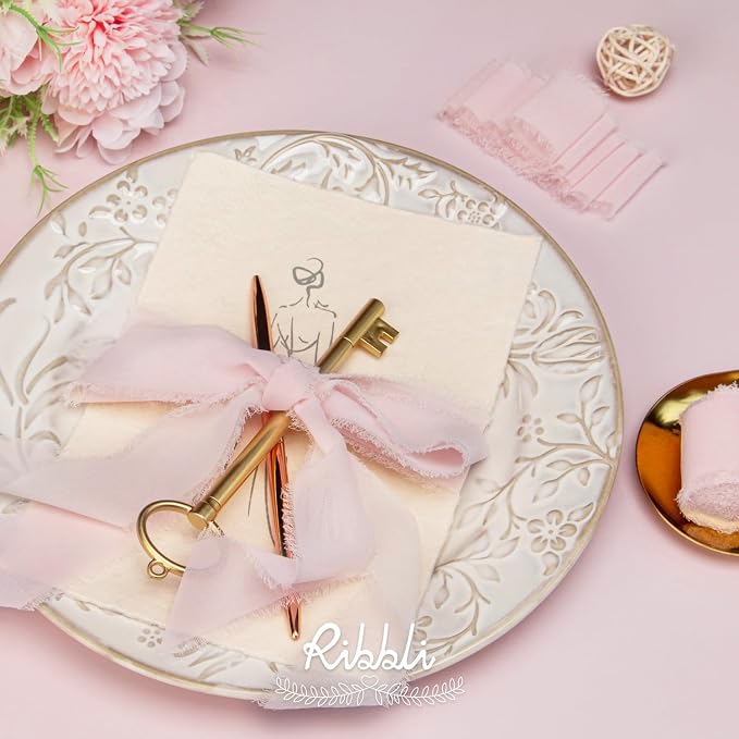 Ribbli Pale Blush Pink Chiffon Ribbon 1-1/2 inch x 20 Yard Handmade Fringe - Image 3