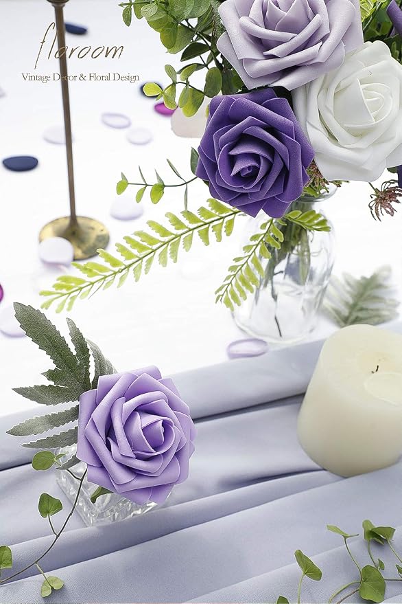Floroom Artificial Flowers 25pcs Real Looking Violet Purple Ombre Colors Foam - Image 3