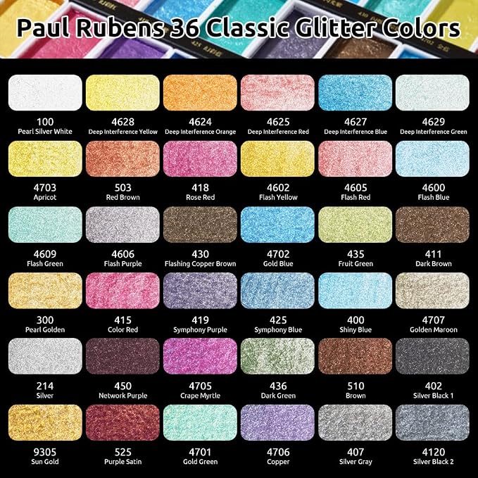 Paul Rubens Watercolor Paint Set, 36 Classical Glittery Colors Solid Paints - Image 6