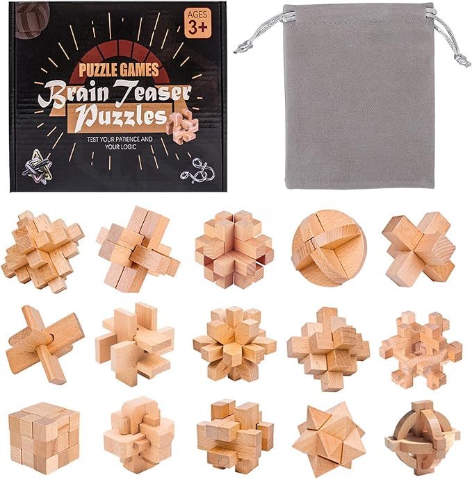 VolksRose 15pcs Wooden Brain Teaser Puzzles, IQ Challenge Puzzle Games by VolksRose