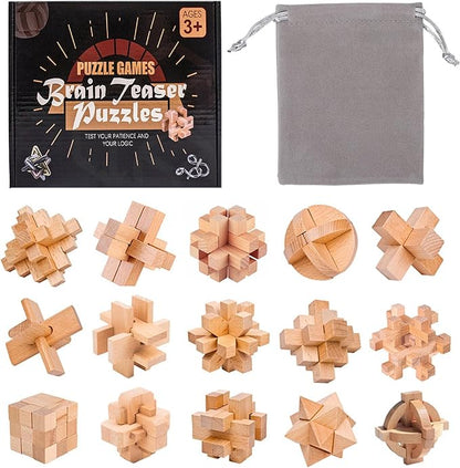 VolksRose 15pcs Wooden Brain Teaser Puzzles, IQ Challenge Puzzle Games by VolksRose