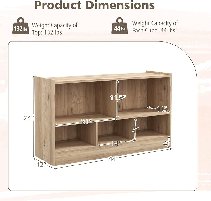 KOTEK Kids Storage Organizer, 5 Cubby Kids Bookshelf, Wooden 2-Layer Bookcase - Image 3