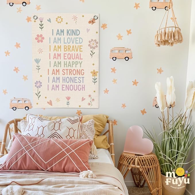 Affirmations Wall Hanging Art for Kids, Flower Wall Art I Am Kind Linen Canvas - Image 7