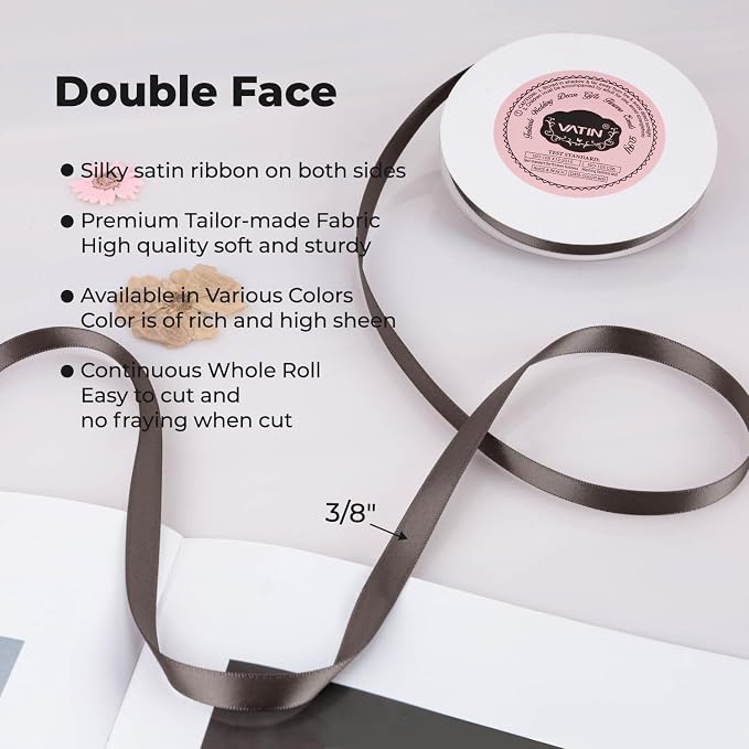 VATIN Double Face Dark Olive Satin Ribbon 3/8" Continuous 50 Yards, Dark Olive - Image 2
