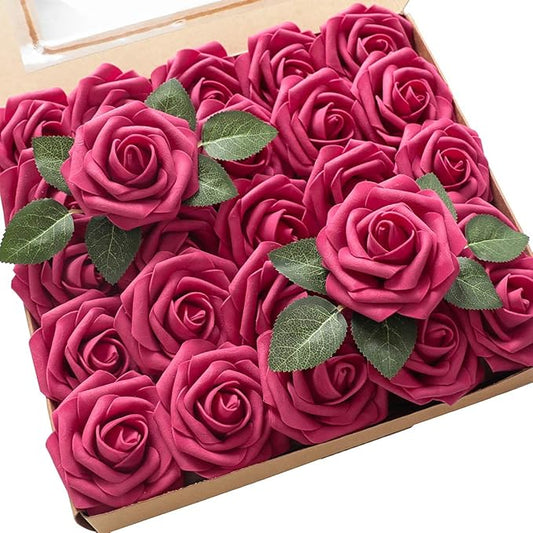 Floroom Artificial Flowers 50pcs Real Looking Fuchsia Foam Fake Roses by Floroom