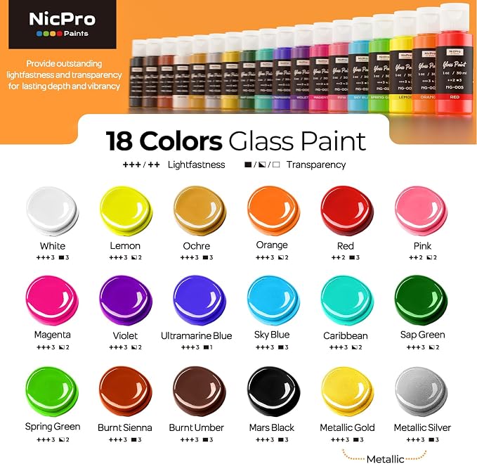 Nicpro 18 Colors Stained Glass Paint Set, 1oz / 30ml Waterproof Acrylic Enamel - Image 2