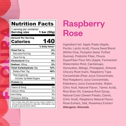Floura Raspberry Rose Fruit-Forward Fiber Bars– High Fiber, Gluten & Dairy Free - Image 2