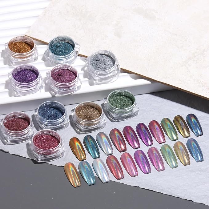 10 Colors Holographic Nail Powder, Holo Aurora Iridescent Metallic Mirror Laser - Image 7