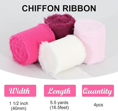TONIFUL 4 Rolls Hot Pink Chiffon Ribbon Set 1 1/2 Inch 5.5 Yards Silk Fabric - Image 3