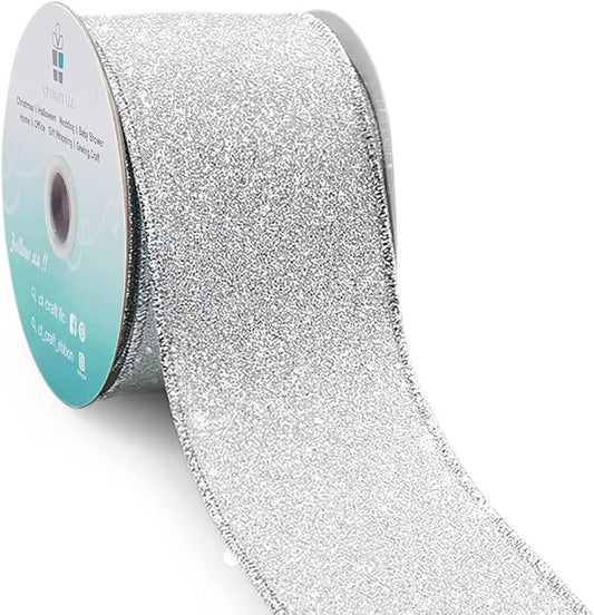 CT CRAFT LLC Glitter Wired Ribbon 2.5" x 10 Yards Silver by CTCRAFTLLC
