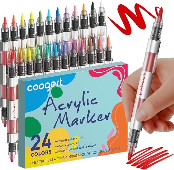 24 Automatic Ink Control Acrylic Paint Markers Dual Tip, Brush Tip Medium Tip by CoogertPaintPens