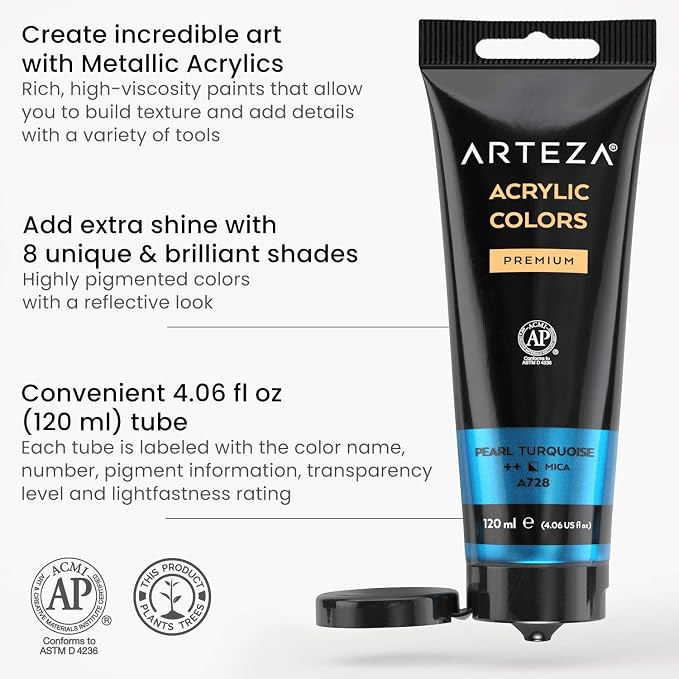 Arteza Metallic Acrylic Paint, Rich Pigments, Non Fading, Non Toxic Paints - Image 3