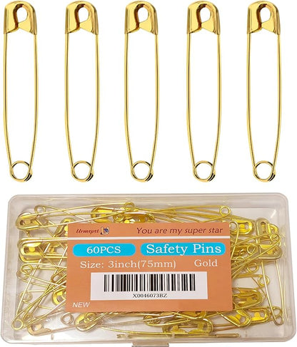 60PCS Safety Pins, 3 inch Large Safety Pins, Rust-Resistant Nickel Plated Steel by Urmspst