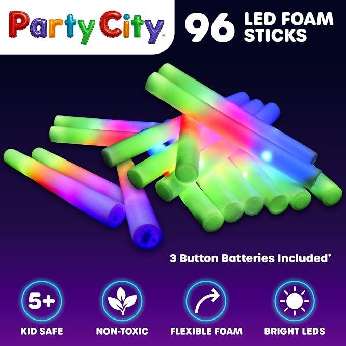 Party City 96pk LED Foam Glow Sticks 14”- Glow in the Dark Party Supplies Favors - Image 6