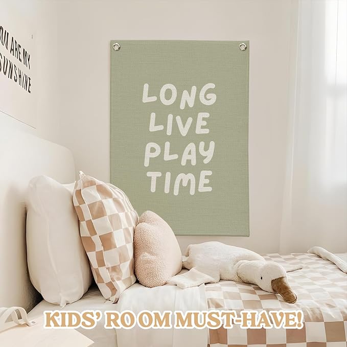 Playroom Decor, Long Live Playtime Wall Hanging Linen Banner, Sage Green - Image 5