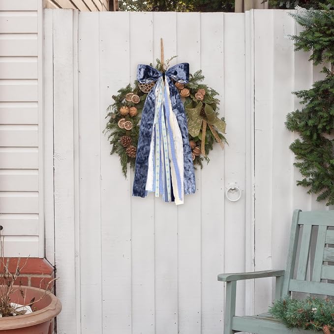 Large Blue Velvet Ribbon Bow for Wreath, Vintage Solid Fabric Ribbons Set - Image 5