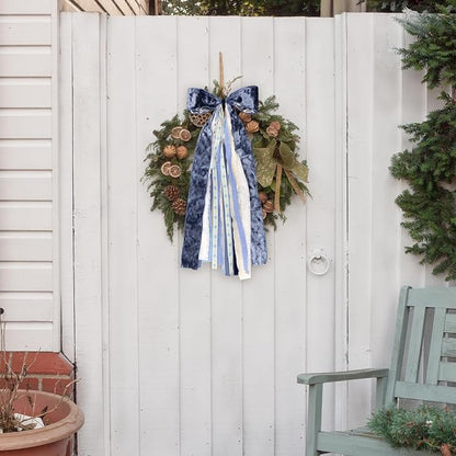 Large Blue Velvet Ribbon Bow for Wreath, Vintage Solid Fabric Ribbons Set - Image 5
