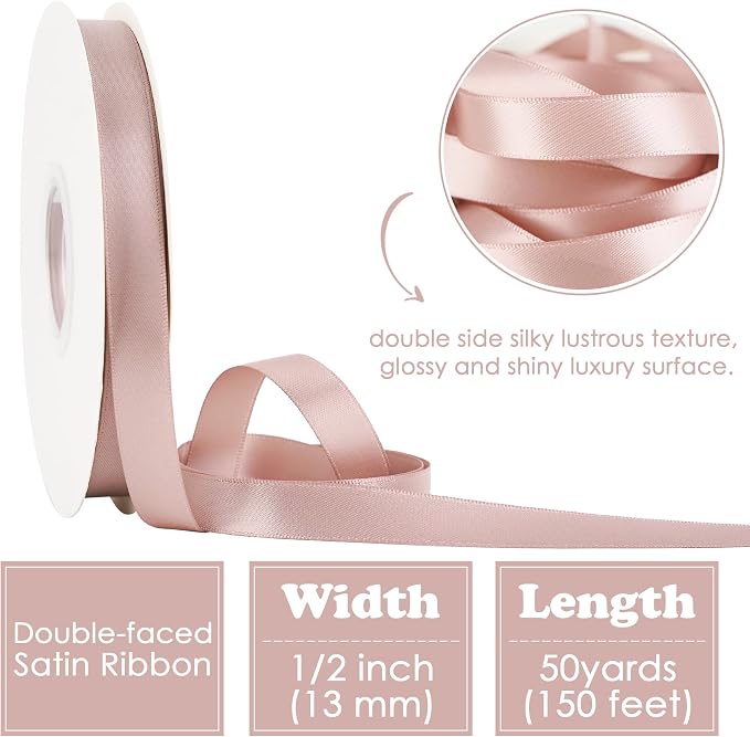 HUIHUANG Dusty Rose Rose Satin Ribbon 1/2 inch X 50 Yards Continuous, Dusty - Image 2