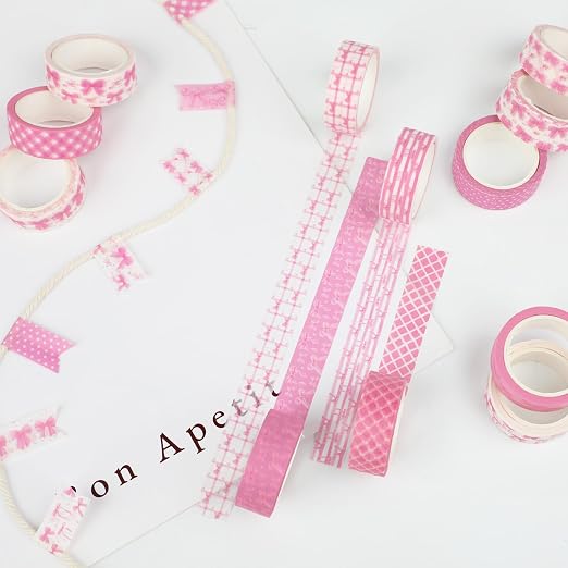 12 Rolls Pink Bow Washi Tape, Bowknot Plaid Adhesive Masking Tapes Decorative - Image 4
