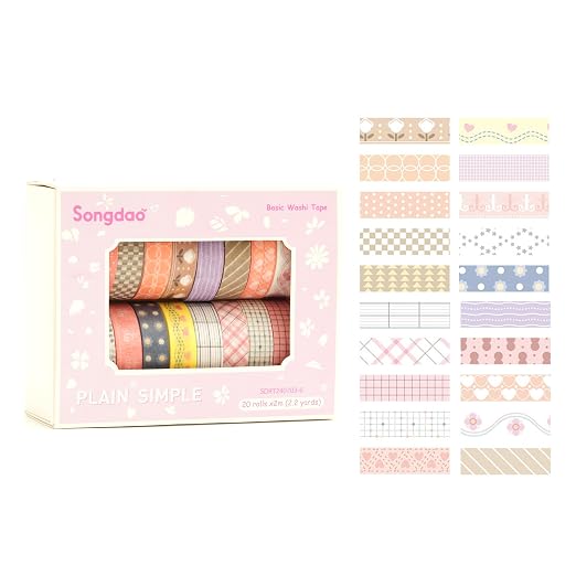 20 Rolls Basic Washi Tape Set Japanese Arts Adhesive Tapes Simple Patterns - Image 3