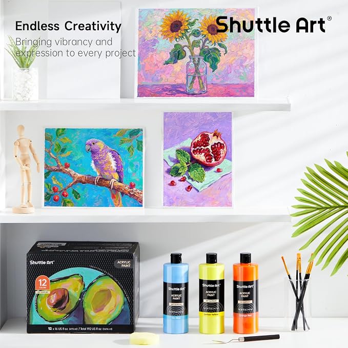 Shuttle Art Acrylic Paint, 12 Colors Acrylic Paint Large Bottle Set, 473ml/16oz - Image 6