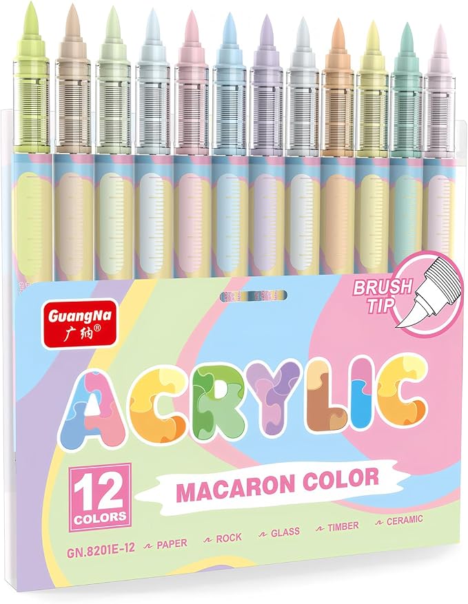 Guangna 12 Macaron Acrylic Paint Markers Set, Brush Tip Acrylic Paint Pens by GuangnaArtSupplies