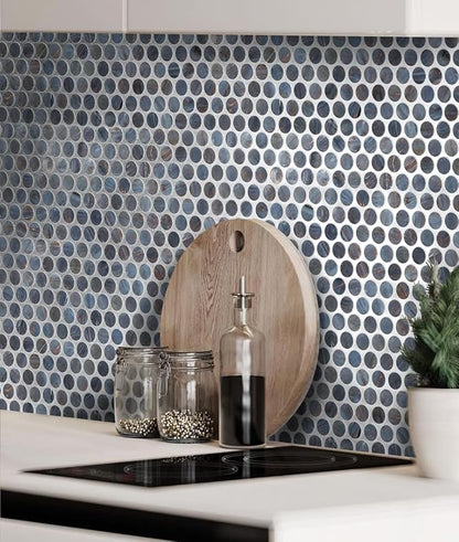 Denim Blue Penny Round Mosaic Glass Tile – Sample Swatch- 4"x5" - Image 2