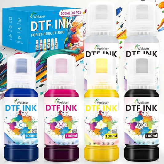 Upgraded Auto-Fill DTF Ink for ET-8550, 100mlx6 Heat Transfer Ink Conversion Kit by WelacerBrand