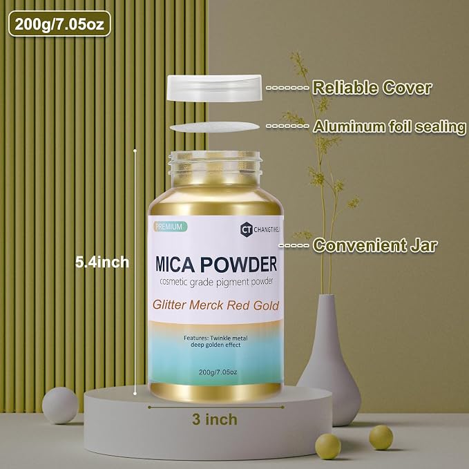 Mica Powder, 7.05OZ（200g）, Glitter Merck Red Gold Mica Powder Pigment - Image 3