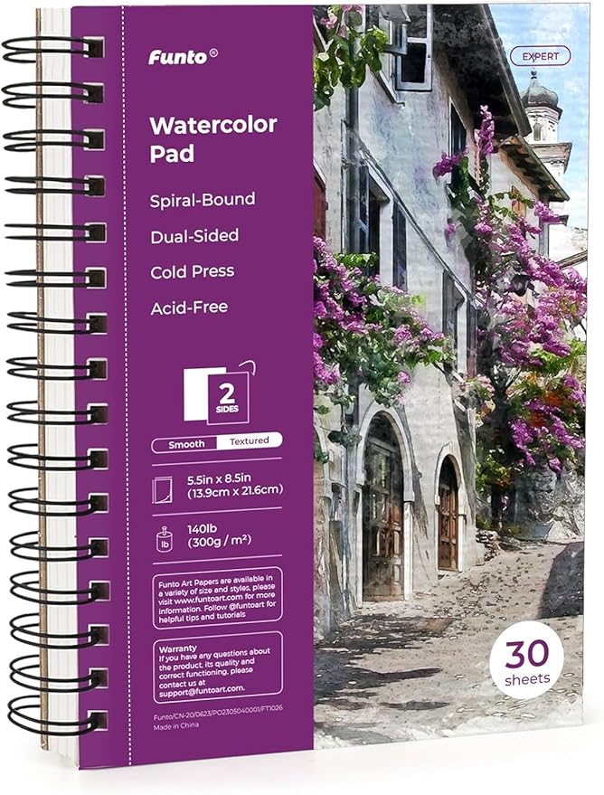 Funto Watercolor Pad 5.5x8.5, 30 Sheets, 140lb/300gsm, Double-Sided Cold Press by FUNTO